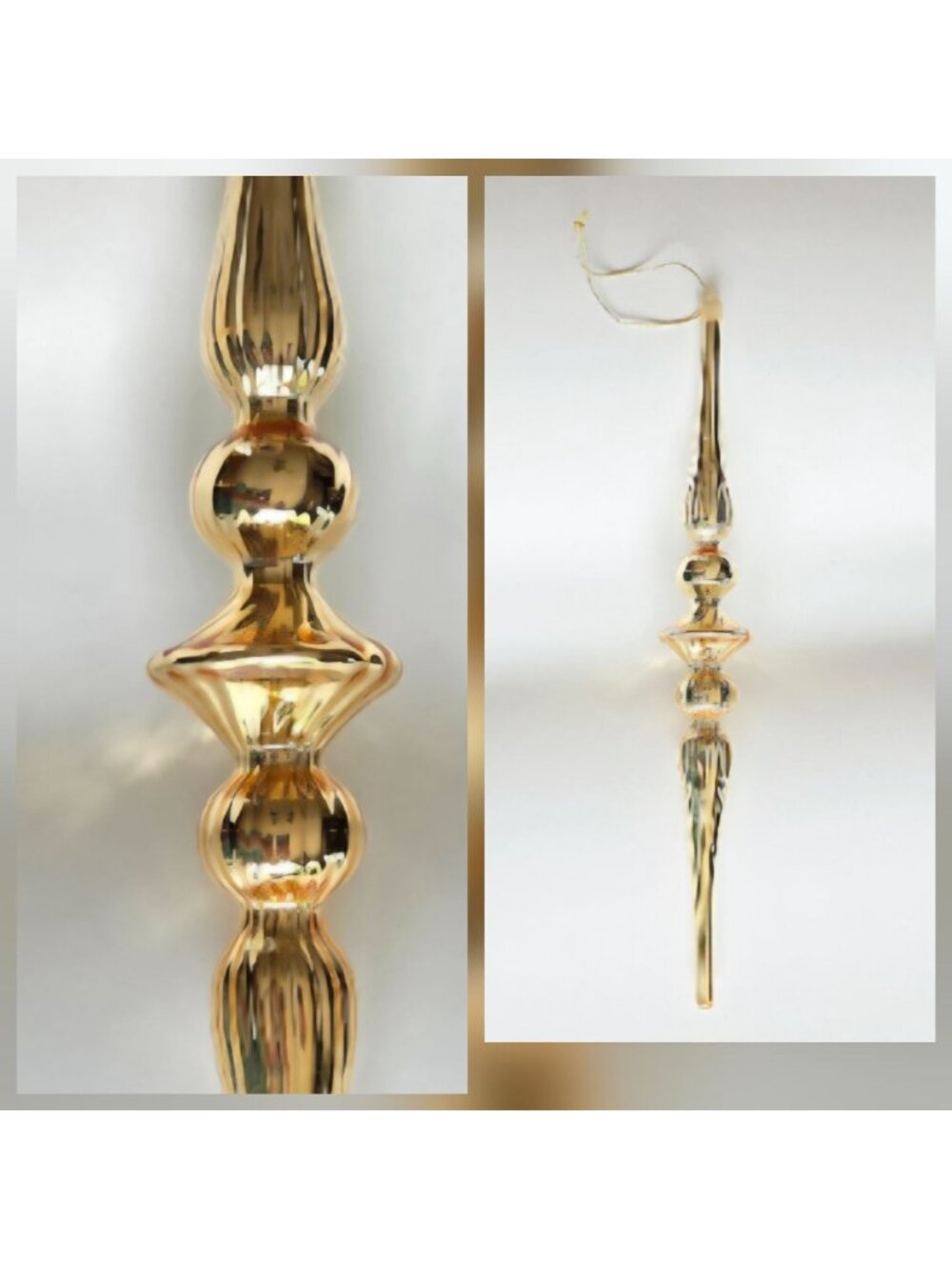 Raz Imports 12" Gold Long Ribbed Finial Style Ornament, Mercury Glass, Hand Blow